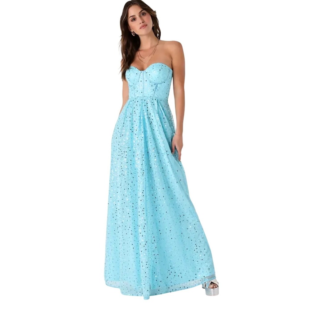 Lulu's Radiant Reflection Light Blue Sequin Tulle Strapless Maxi Dress size S